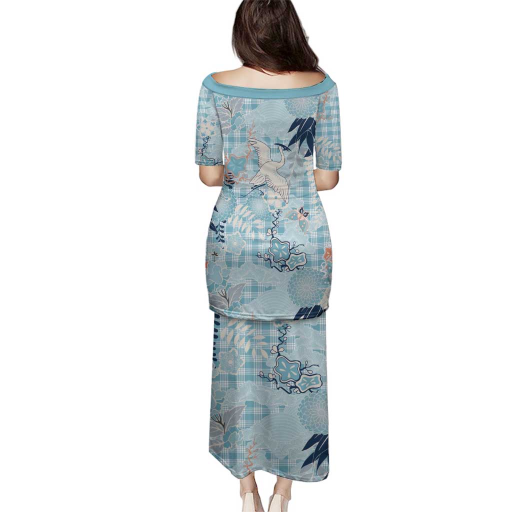 Blue Palaka Crane and Flowers Family Matching Puletasi and Hawaiian Shirt Japan Heritage Spirit LT9 - Polynesian Pride