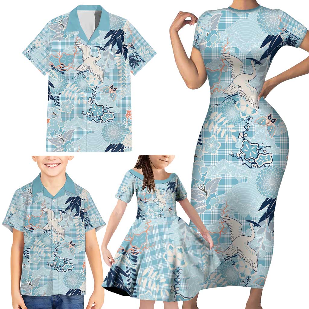 Blue Palaka Crane and Flowers Family Matching Short Sleeve Bodycon Dress and Hawaiian Shirt Japan Heritage Spirit LT9 - Polynesian Pride
