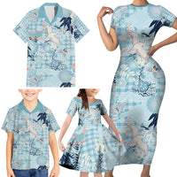 Blue Palaka Crane and Flowers Family Matching Short Sleeve Bodycon Dress and Hawaiian Shirt Japan Heritage Spirit LT9 - Polynesian Pride