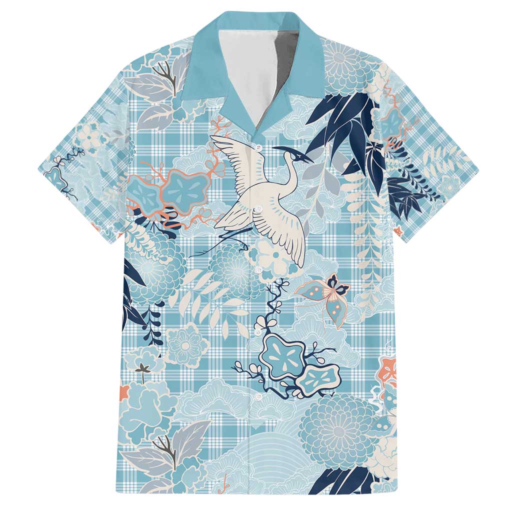 Blue Palaka Crane and Flowers Family Matching Short Sleeve Bodycon Dress and Hawaiian Shirt Japan Heritage Spirit LT9 Dad's Shirt - Short Sleeve Blue - Polynesian Pride