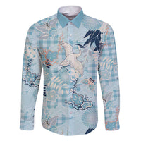 Blue Palaka Crane and Flowers Family Matching Short Sleeve Bodycon Dress and Hawaiian Shirt Japan Heritage Spirit LT9 Dad's Shirt - Long Sleeve Blue - Polynesian Pride