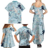 Blue Palaka Crane and Flowers Family Matching Summer Maxi Dress and Hawaiian Shirt Japan Heritage Spirit LT9 - Polynesian Pride