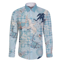 Blue Palaka Crane and Flowers Family Matching Summer Maxi Dress and Hawaiian Shirt Japan Heritage Spirit LT9 Dad's Shirt - Long Sleeve Blue - Polynesian Pride