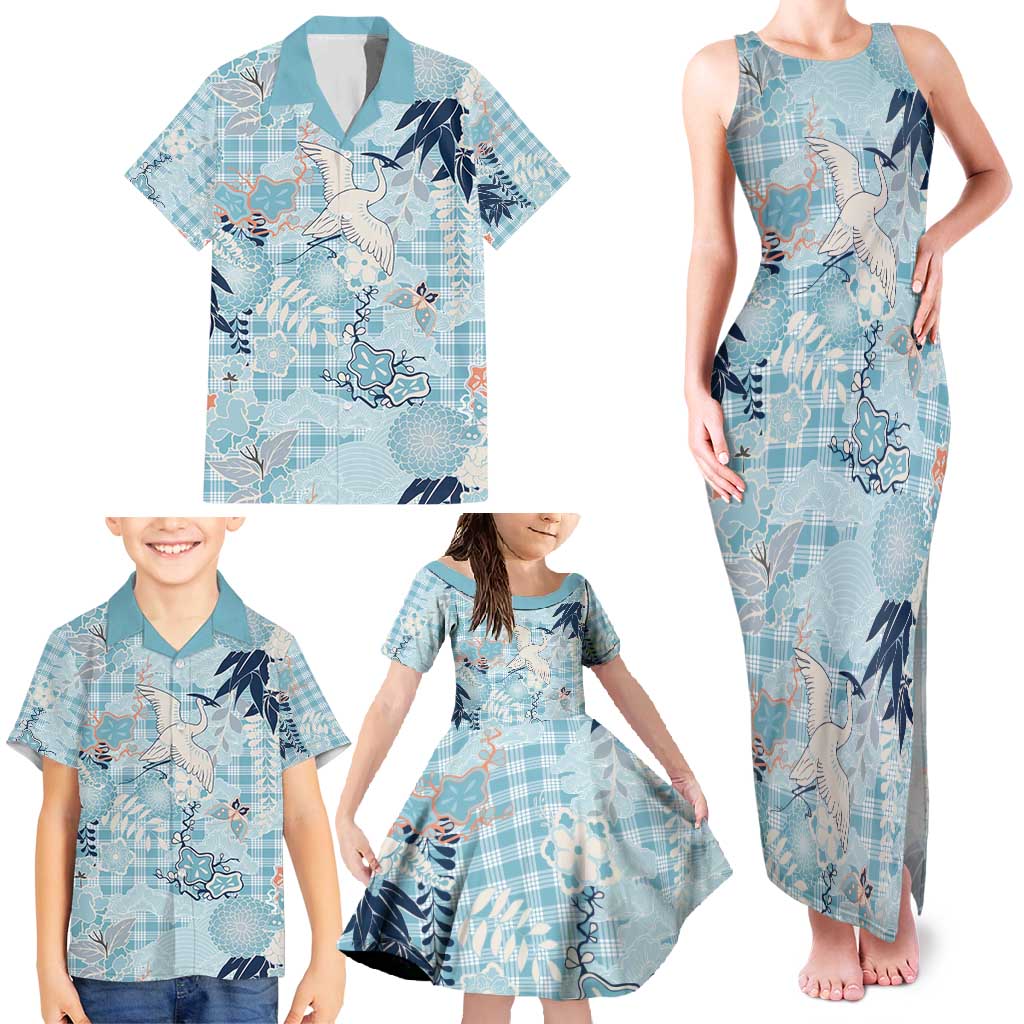 Blue Palaka Crane and Flowers Family Matching Tank Maxi Dress and Hawaiian Shirt Japan Heritage Spirit LT9 - Polynesian Pride