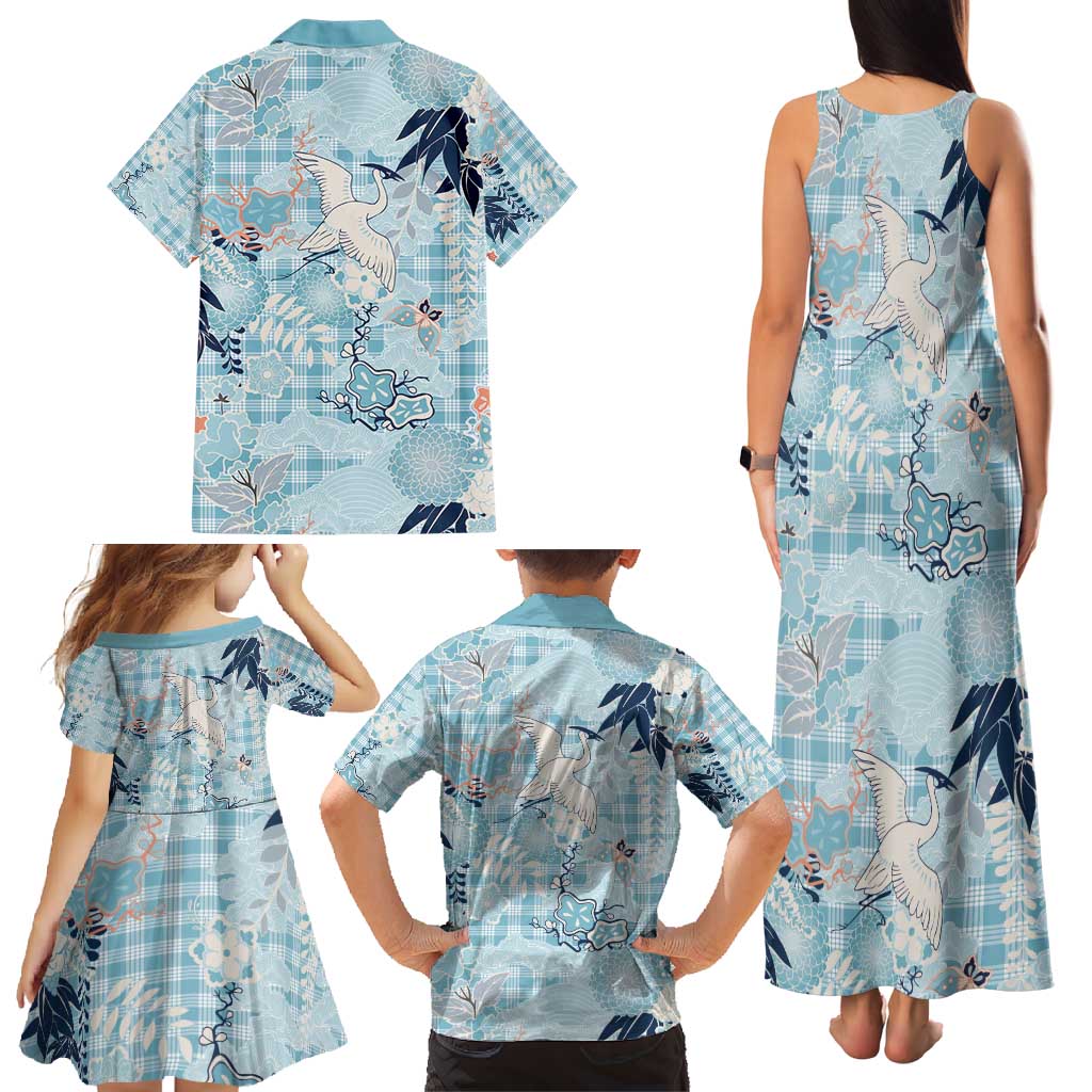 Blue Palaka Crane and Flowers Family Matching Tank Maxi Dress and Hawaiian Shirt Japan Heritage Spirit LT9 - Polynesian Pride