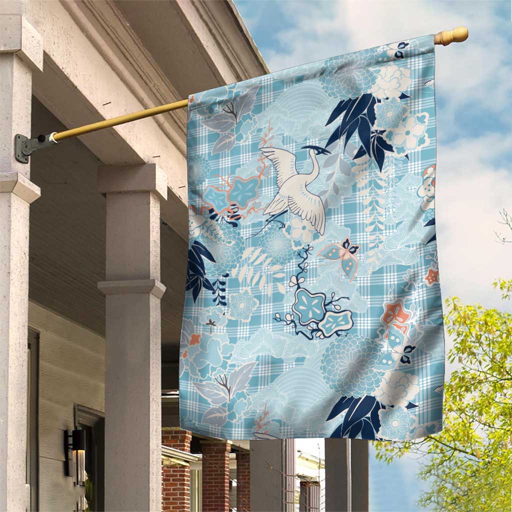 Blue Palaka Crane and Flowers Garden Flag Japan Heritage Spirit - Polynesian Pride