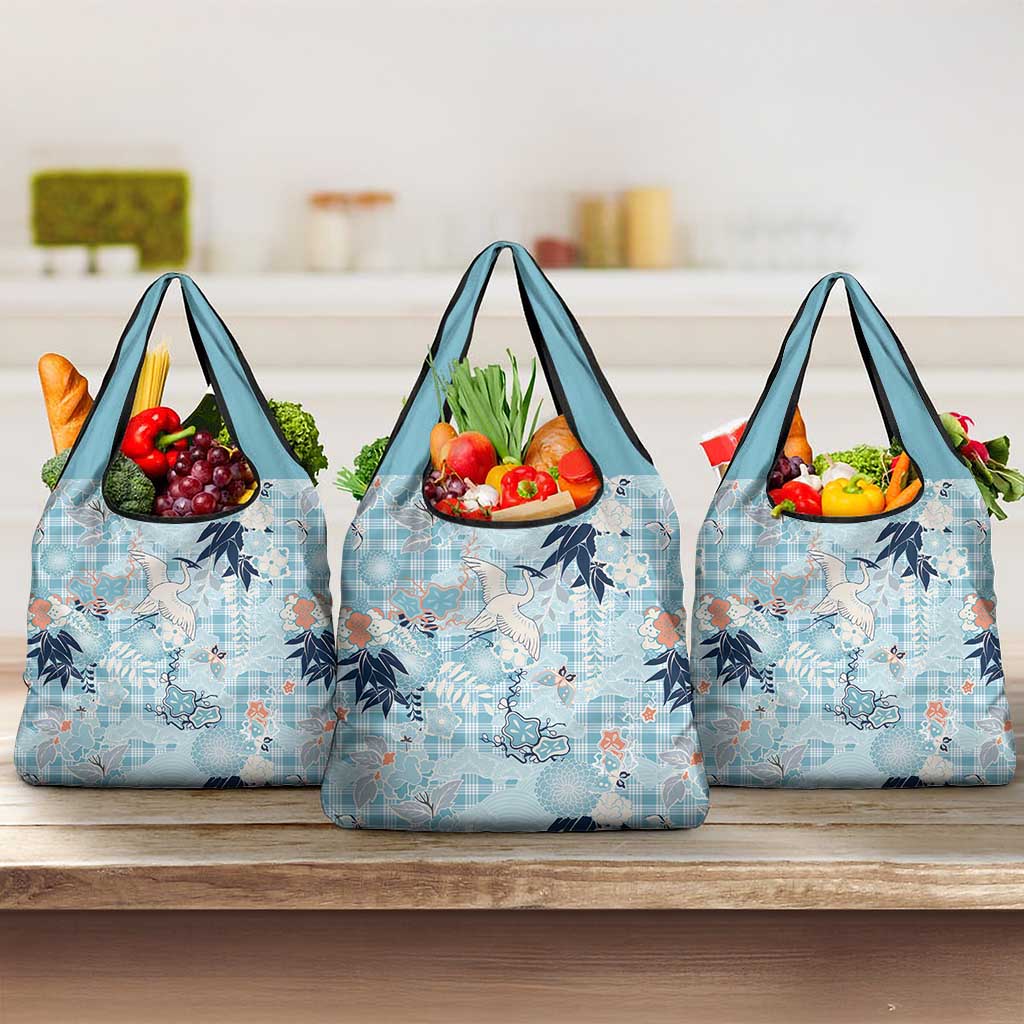Blue Palaka Crane and Flowers Grocery Bag Japan Heritage Spirit - Polynesian Pride