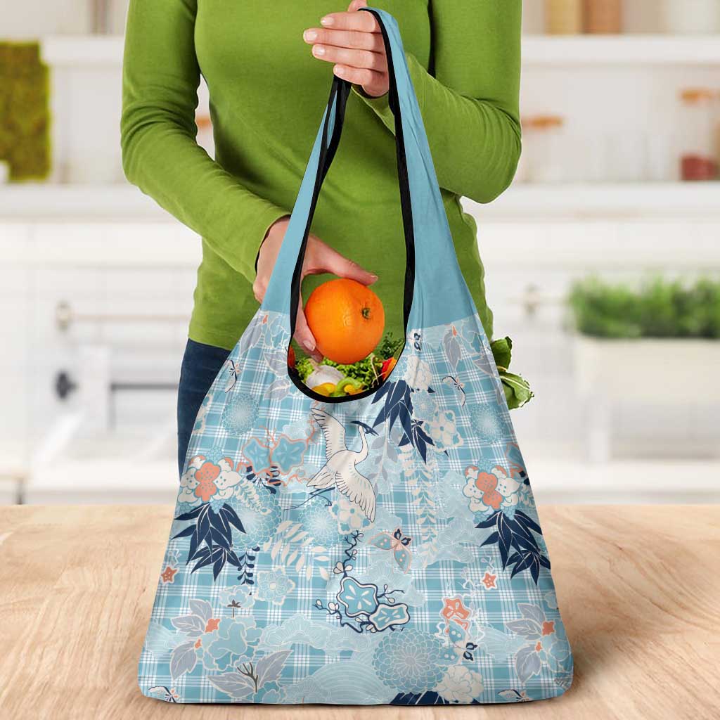 Blue Palaka Crane and Flowers Grocery Bag Japan Heritage Spirit - Polynesian Pride