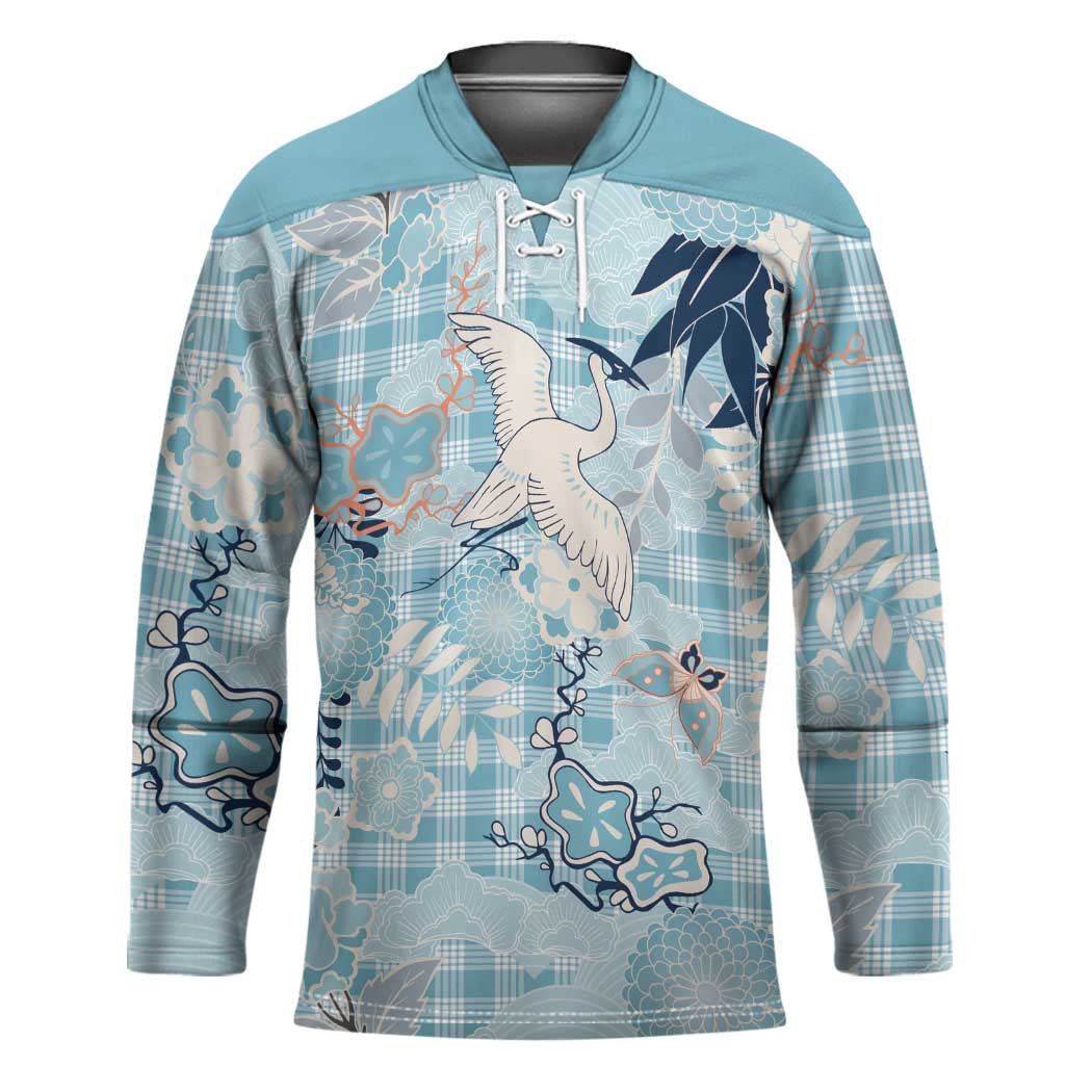 Blue Palaka Crane and Flowers Hockey Jersey Japan Heritage Spirit - Polynesian Pride