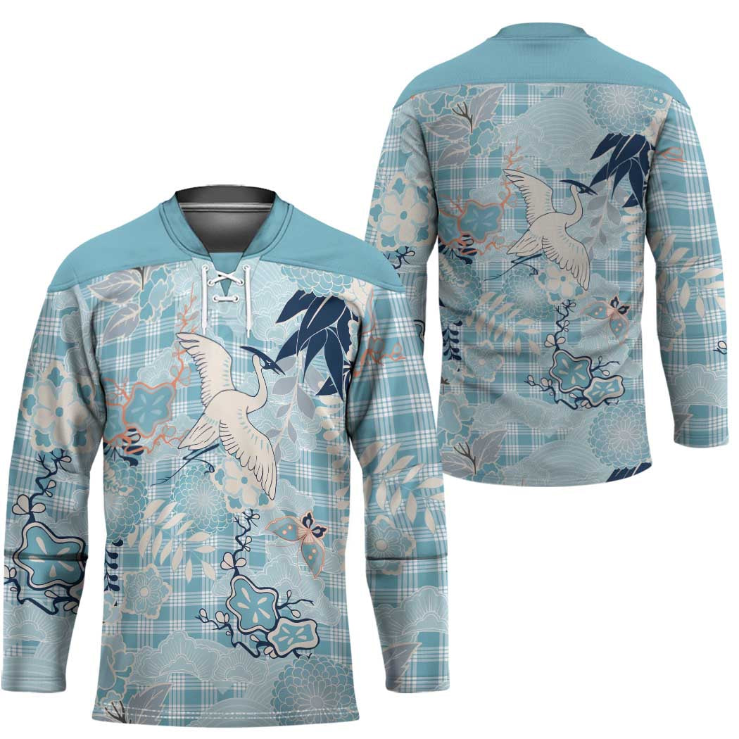 Blue Palaka Crane and Flowers Hockey Jersey Japan Heritage Spirit - Polynesian Pride
