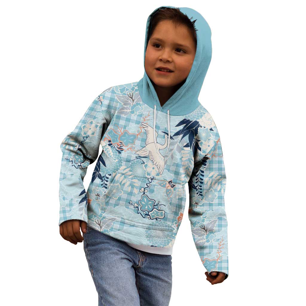 Blue Palaka Crane and Flowers Kid Hoodie Japan Heritage Spirit - Polynesian Pride