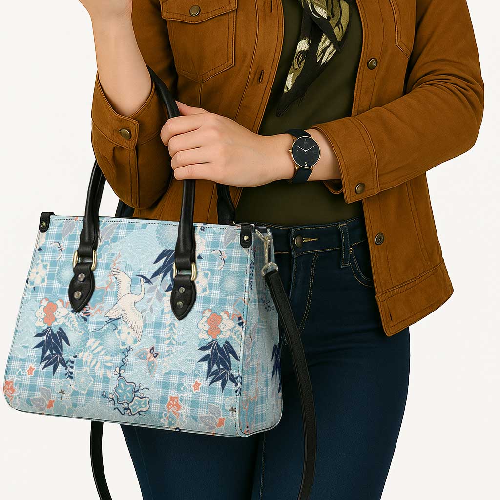 Blue Palaka Crane and Flowers Leather Bag Japan Heritage Spirit - Polynesian Pride