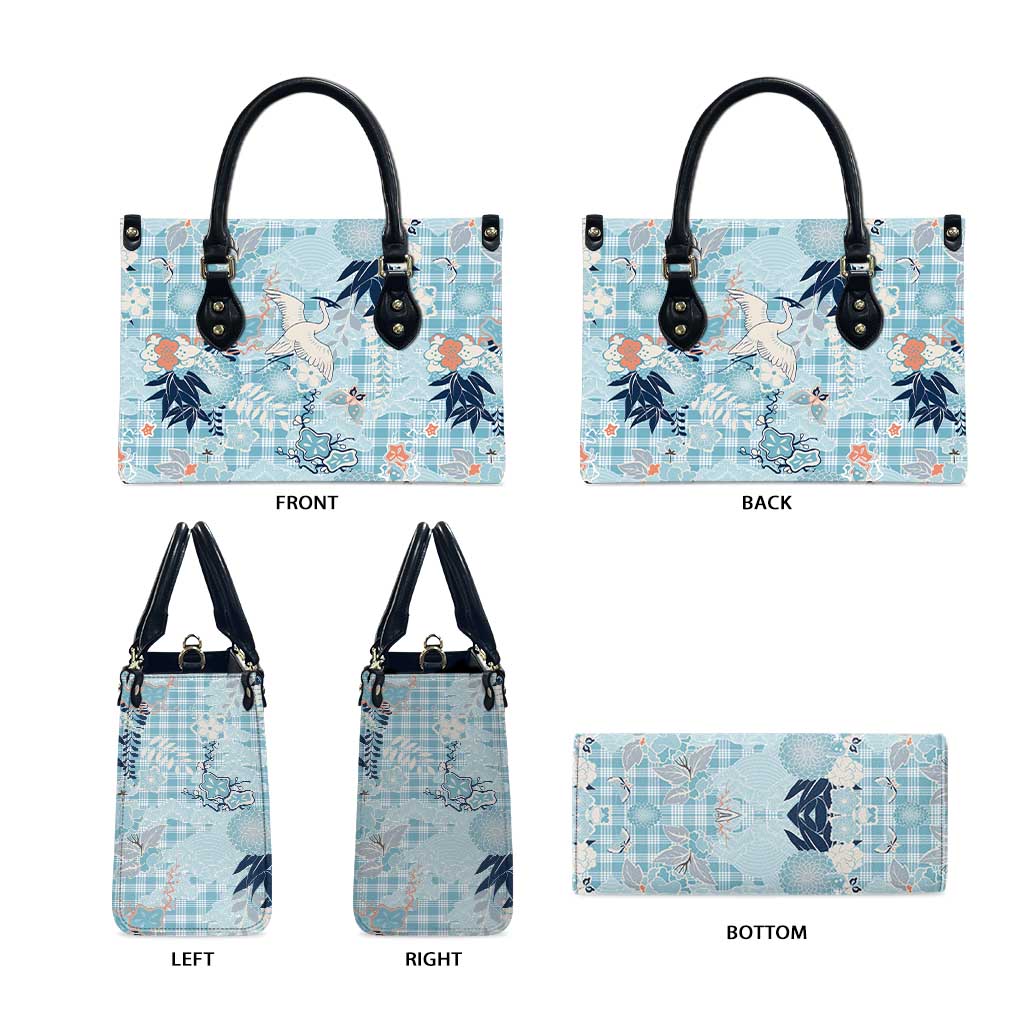 Blue Palaka Crane and Flowers Leather Bag Japan Heritage Spirit - Polynesian Pride