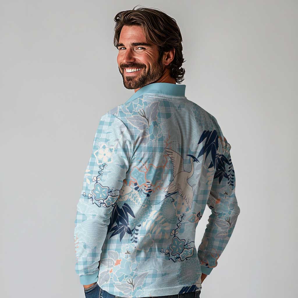 Blue Palaka Crane and Flowers Long Sleeve Polo Shirt Japan Heritage Spirit - Polynesian Pride