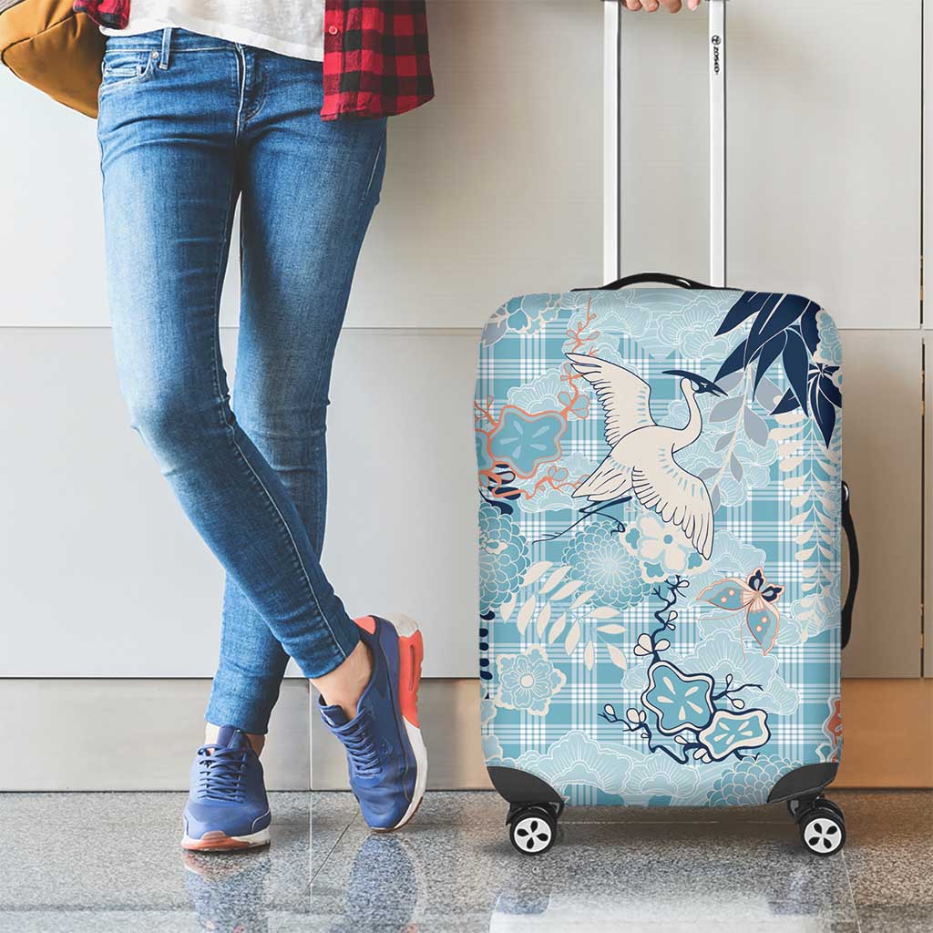 Blue Palaka Crane and Flowers Luggage Cover Japan Heritage Spirit - Polynesian Pride