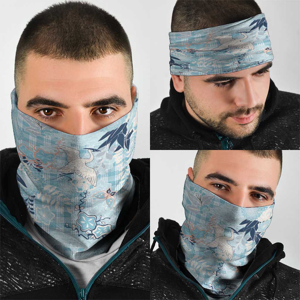 Blue Palaka Crane and Flowers Neck Gaiter Japan Heritage Spirit - Polynesian Pride