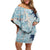 Blue Palaka Crane and Flowers Off Shoulder Short Dress Japan Heritage Spirit - Polynesian Pride