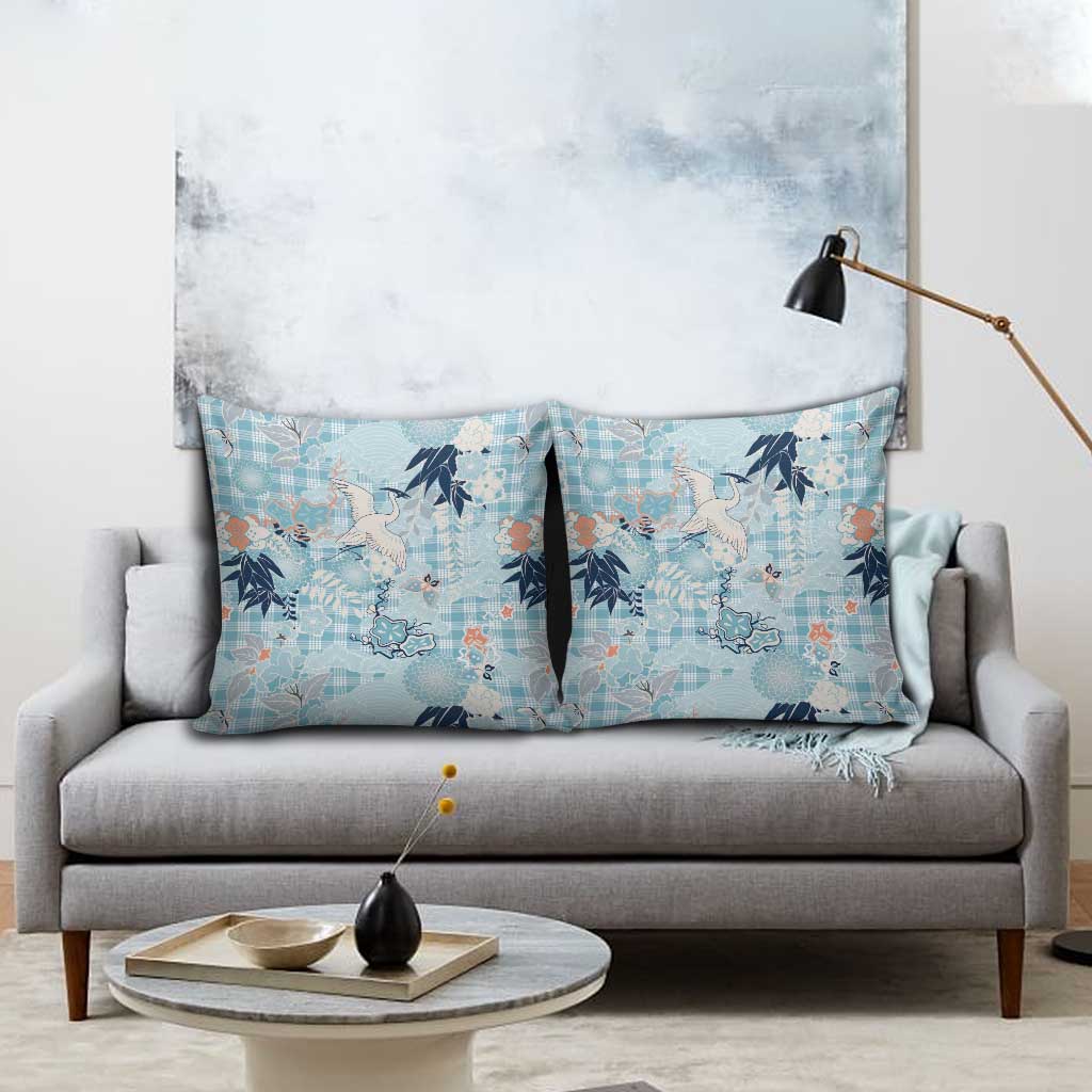 Blue Palaka Crane and Flowers Pillow Cover Japan Heritage Spirit - Polynesian Pride