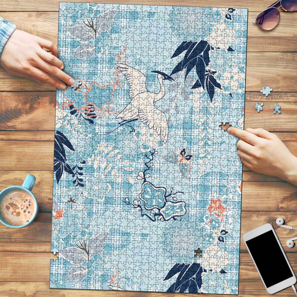 Blue Palaka Crane and Flowers Puzzle Japan Heritage Spirit - Polynesian Pride