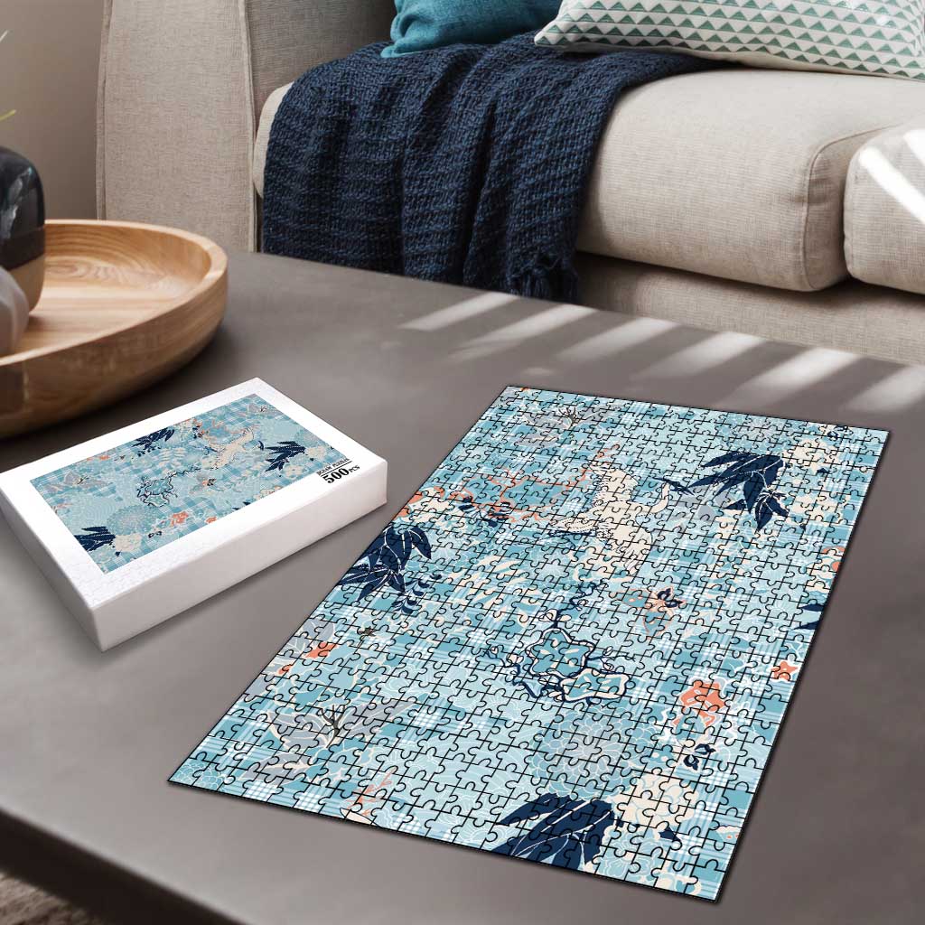 Blue Palaka Crane and Flowers Puzzle Japan Heritage Spirit - Polynesian Pride