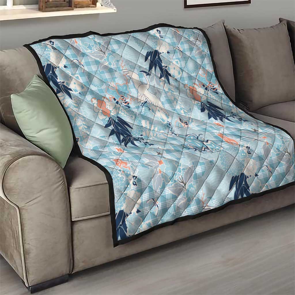 Blue Palaka Crane and Flowers Quilt Japan Heritage Spirit - Polynesian Pride