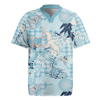 Blue Palaka Crane and Flowers Rugby Jersey Japan Heritage Spirit LT9 Blue - Polynesian Pride