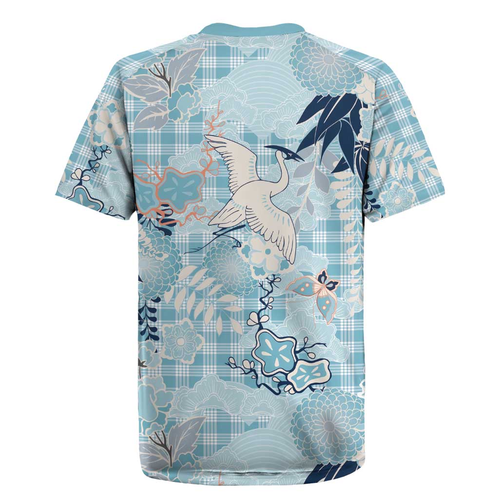 Blue Palaka Crane and Flowers Rugby Jersey Japan Heritage Spirit LT9 - Polynesian Pride