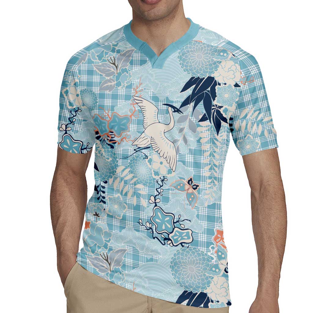Blue Palaka Crane and Flowers Rugby Jersey Japan Heritage Spirit LT9 - Polynesian Pride