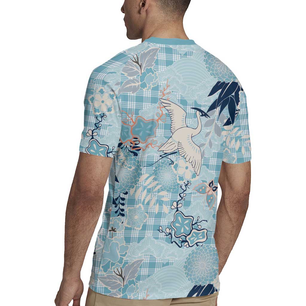 Blue Palaka Crane and Flowers Rugby Jersey Japan Heritage Spirit LT9 - Polynesian Pride