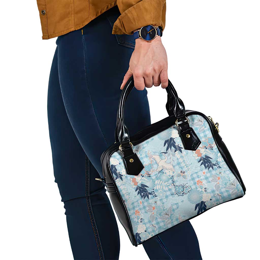 Blue Palaka Crane and Flowers Shoulder Handbag Japan Heritage Spirit - Polynesian Pride