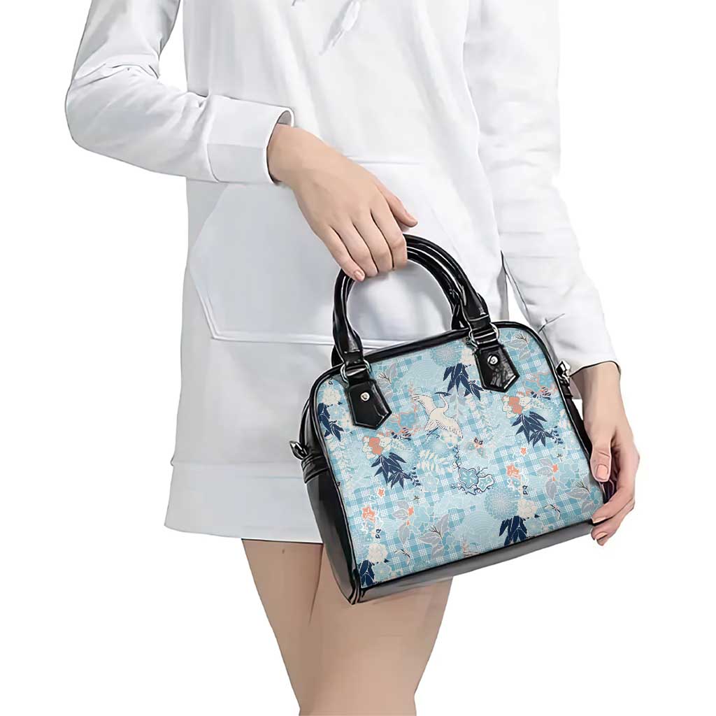 Blue Palaka Crane and Flowers Shoulder Handbag Japan Heritage Spirit - Polynesian Pride