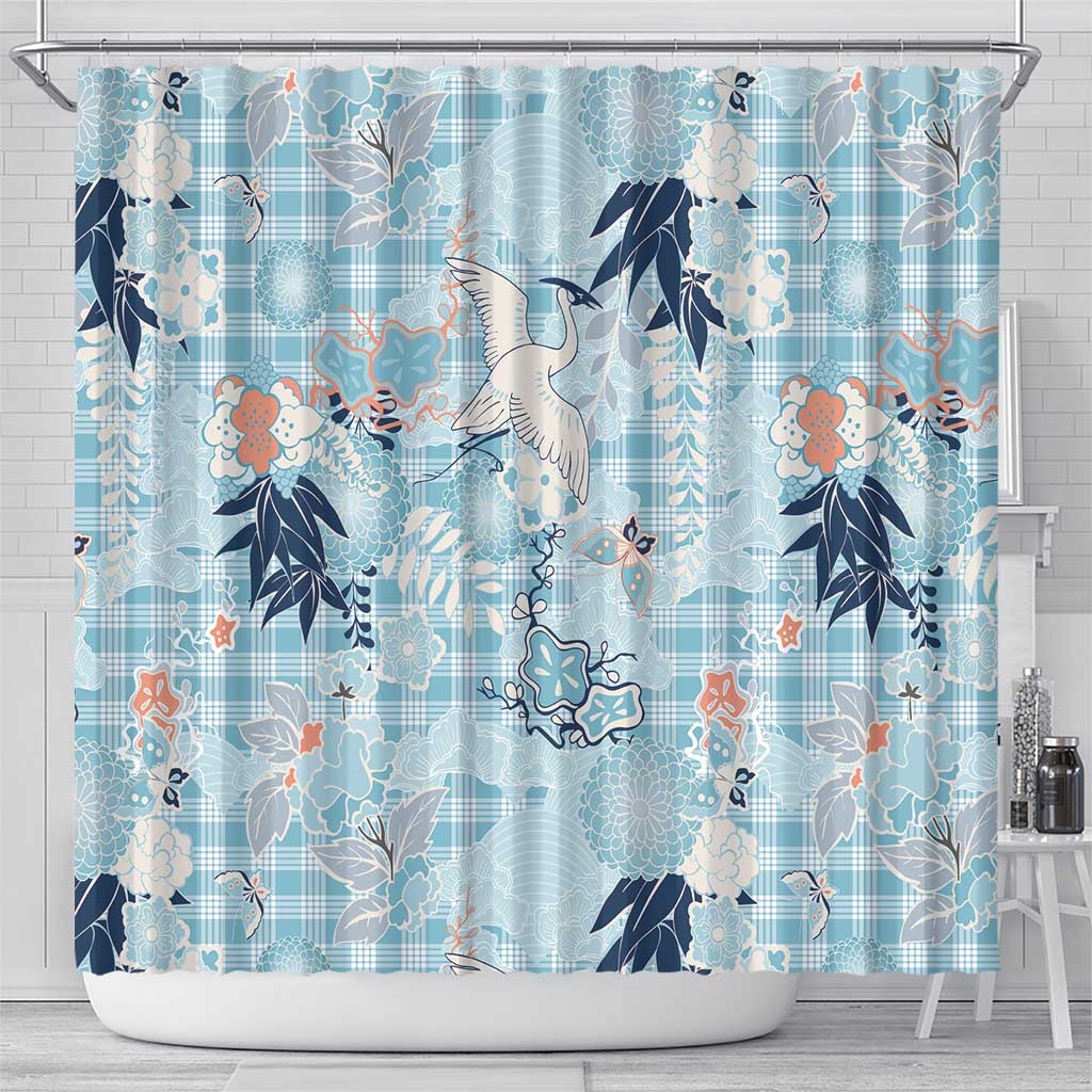 Blue Palaka Crane and Flowers Shower Curtain Japan Heritage Spirit LT9 - Polynesian Pride