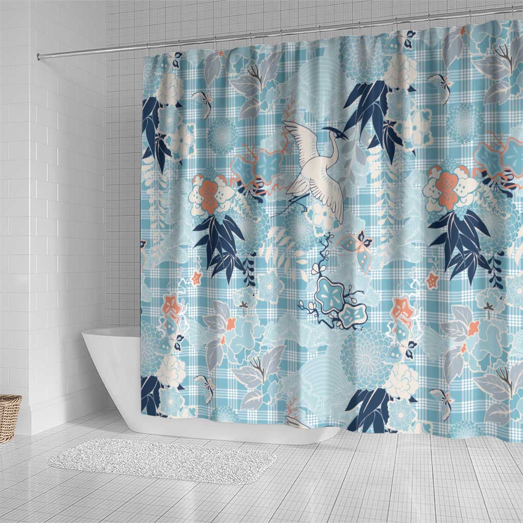Blue Palaka Crane and Flowers Shower Curtain Japan Heritage Spirit LT9 - Polynesian Pride