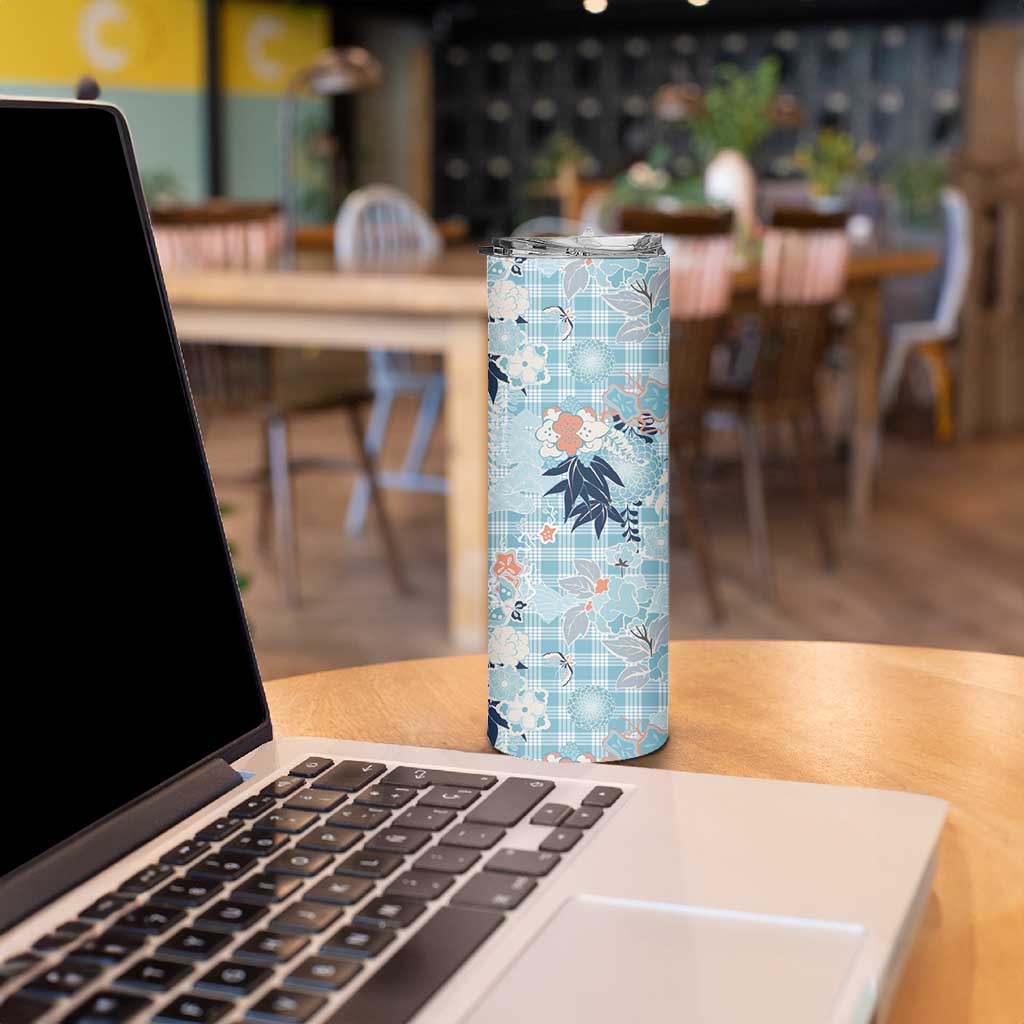Blue Palaka Crane and Flowers Skinny Tumbler Japan Heritage Spirit - Polynesian Pride