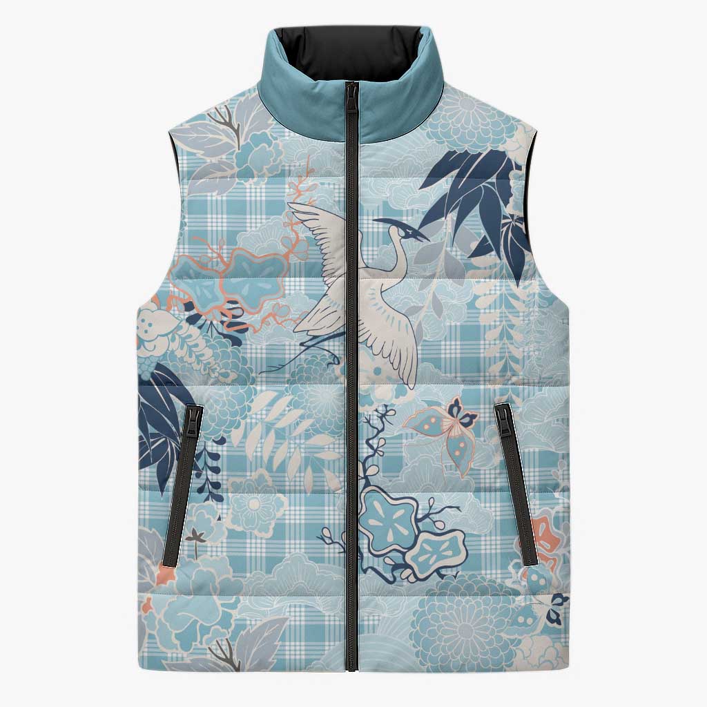 Blue Palaka Crane and Flowers Sleeveless Puffer Jacket Japan Heritage Spirit - Polynesian Pride