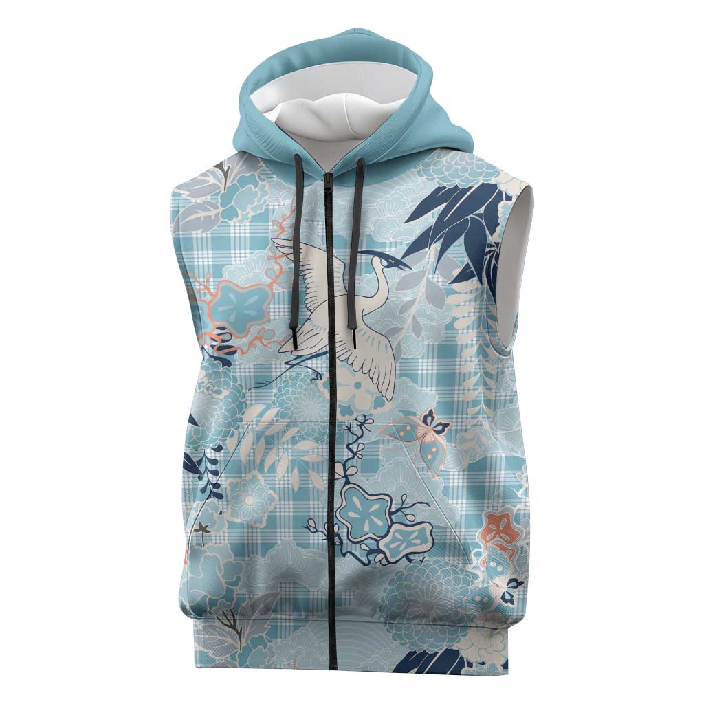 Blue Palaka Crane and Flowers Sleeveless Zip Hoodie Japan Heritage Spirit - Polynesian Pride