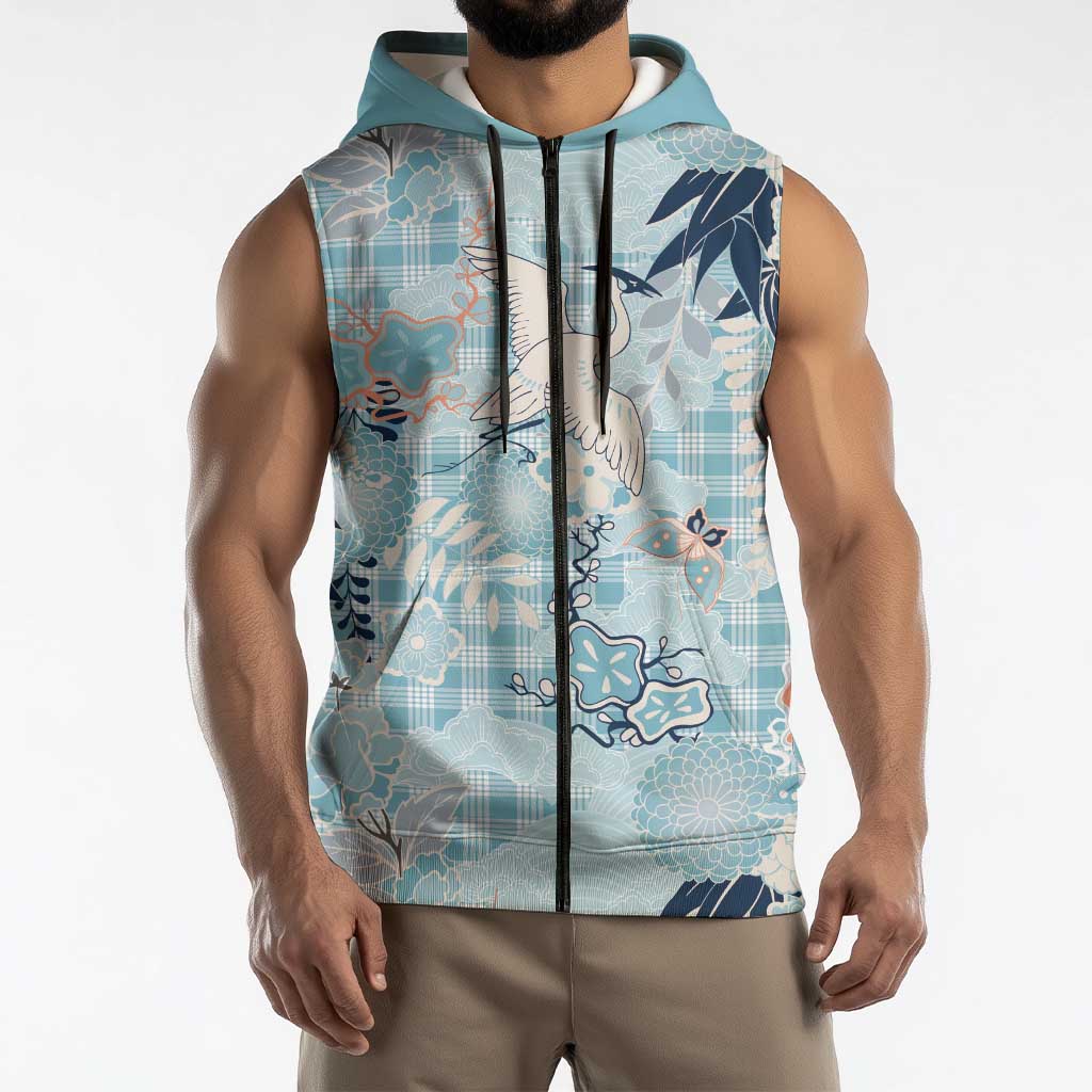 Blue Palaka Crane and Flowers Sleeveless Zip Hoodie Japan Heritage Spirit - Polynesian Pride