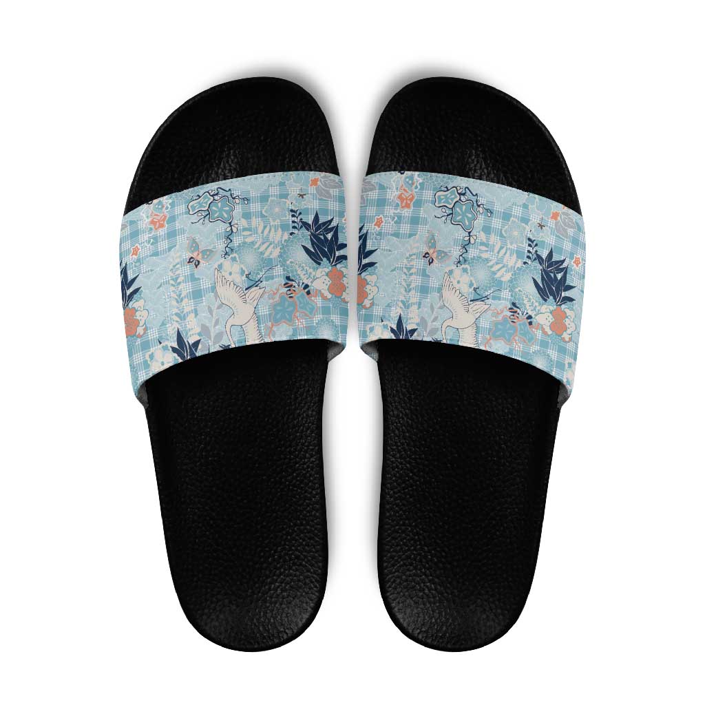 Blue Palaka Crane and Flowers Slide Sandals Japan Heritage Spirit LT9 Blue - Polynesian Pride