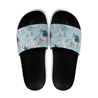 Blue Palaka Crane and Flowers Slide Sandals Japan Heritage Spirit LT9 Blue - Polynesian Pride
