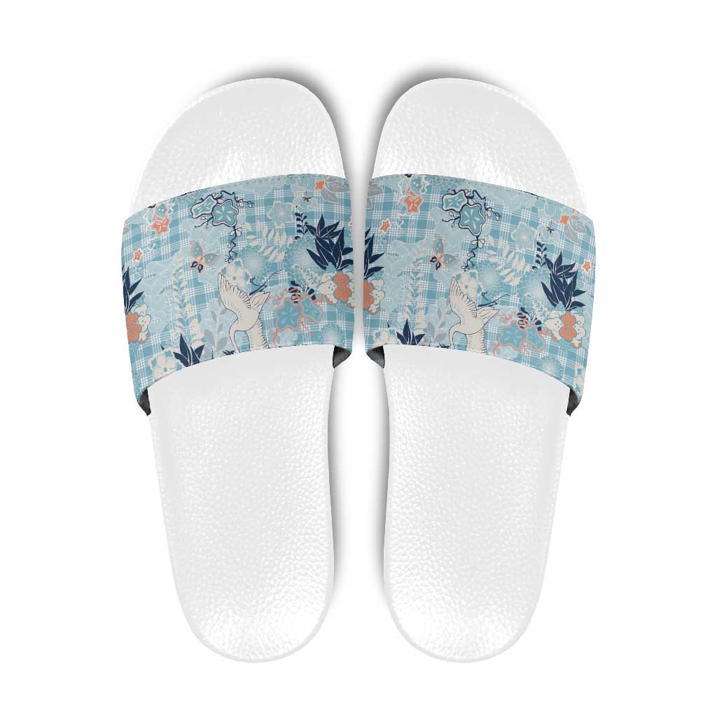 Blue Palaka Crane and Flowers Slide Sandals Japan Heritage Spirit LT9 Blue - Polynesian Pride