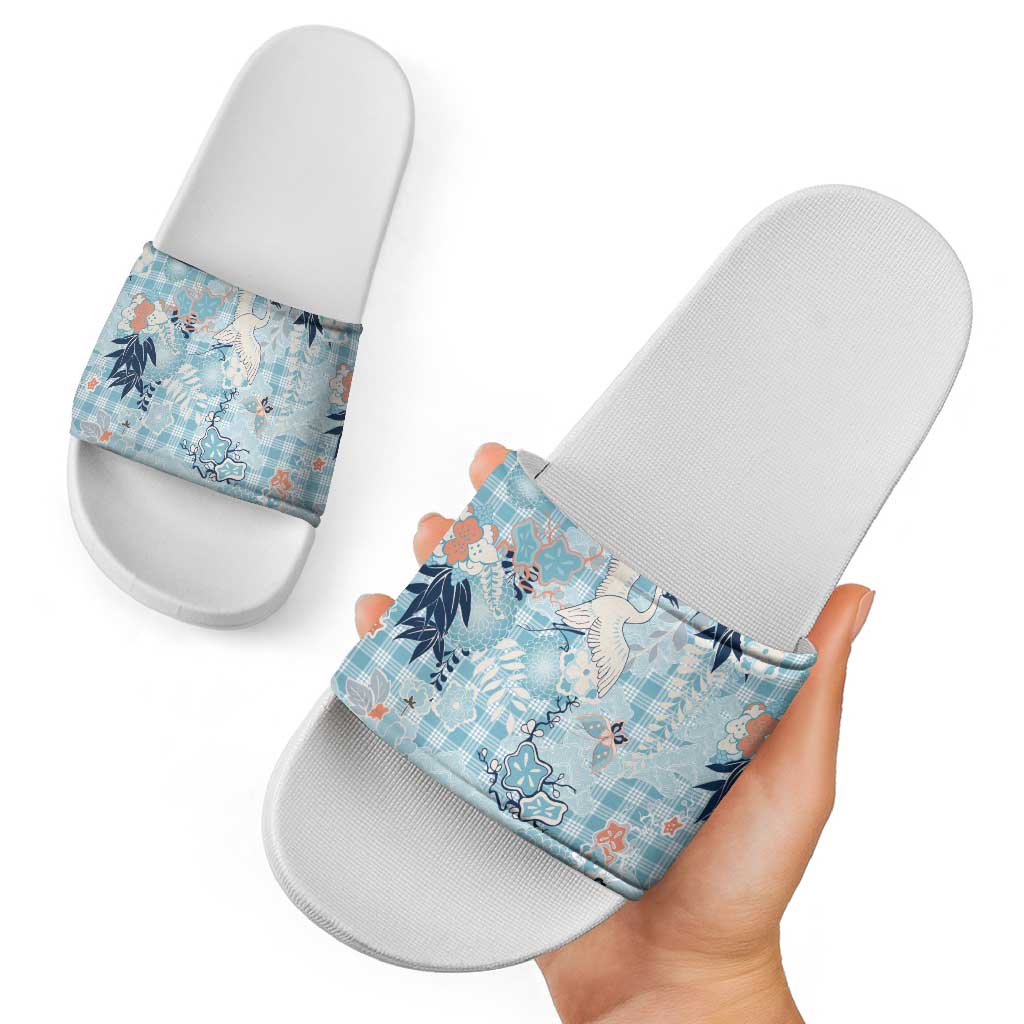 Blue Palaka Crane and Flowers Slide Sandals Japan Heritage Spirit LT9 - Polynesian Pride