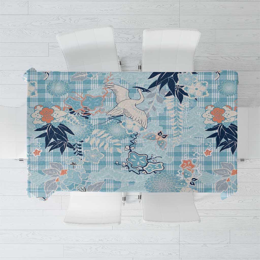 Blue Palaka Crane and Flowers Tablecloth Japan Heritage Spirit - Polynesian Pride