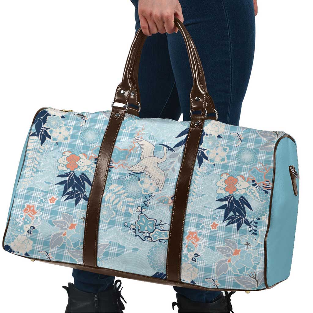 Blue Palaka Crane and Flowers Travel Bag Japan Heritage Spirit - Polynesian Pride