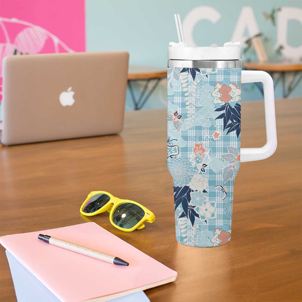 Blue Palaka Crane and Flowers Tumbler With Handle Japan Heritage Spirit - Polynesian Pride