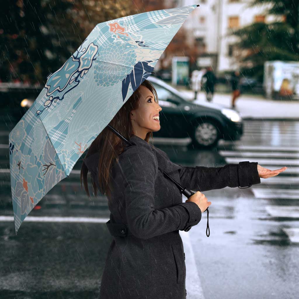Blue Palaka Crane and Flowers Umbrella Japan Heritage Spirit - Polynesian Pride