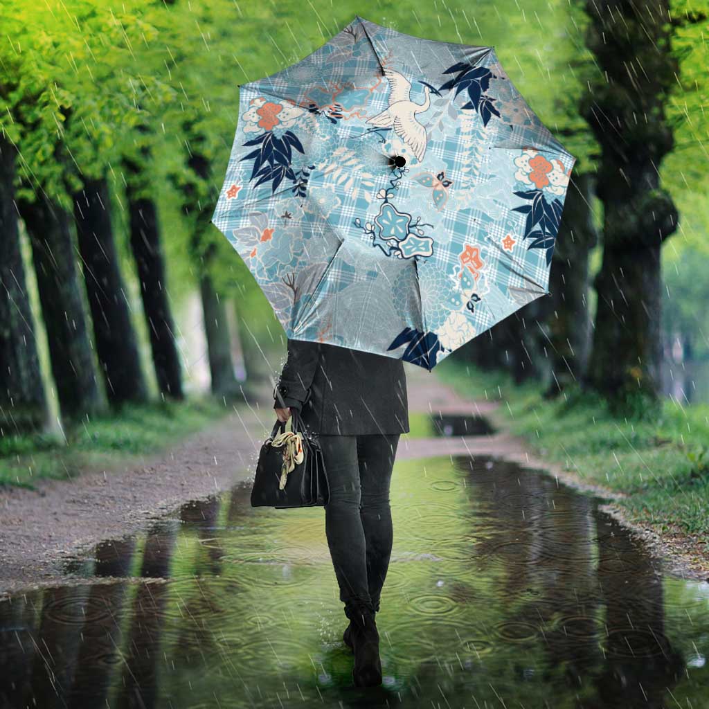 Blue Palaka Crane and Flowers Umbrella Japan Heritage Spirit - Polynesian Pride