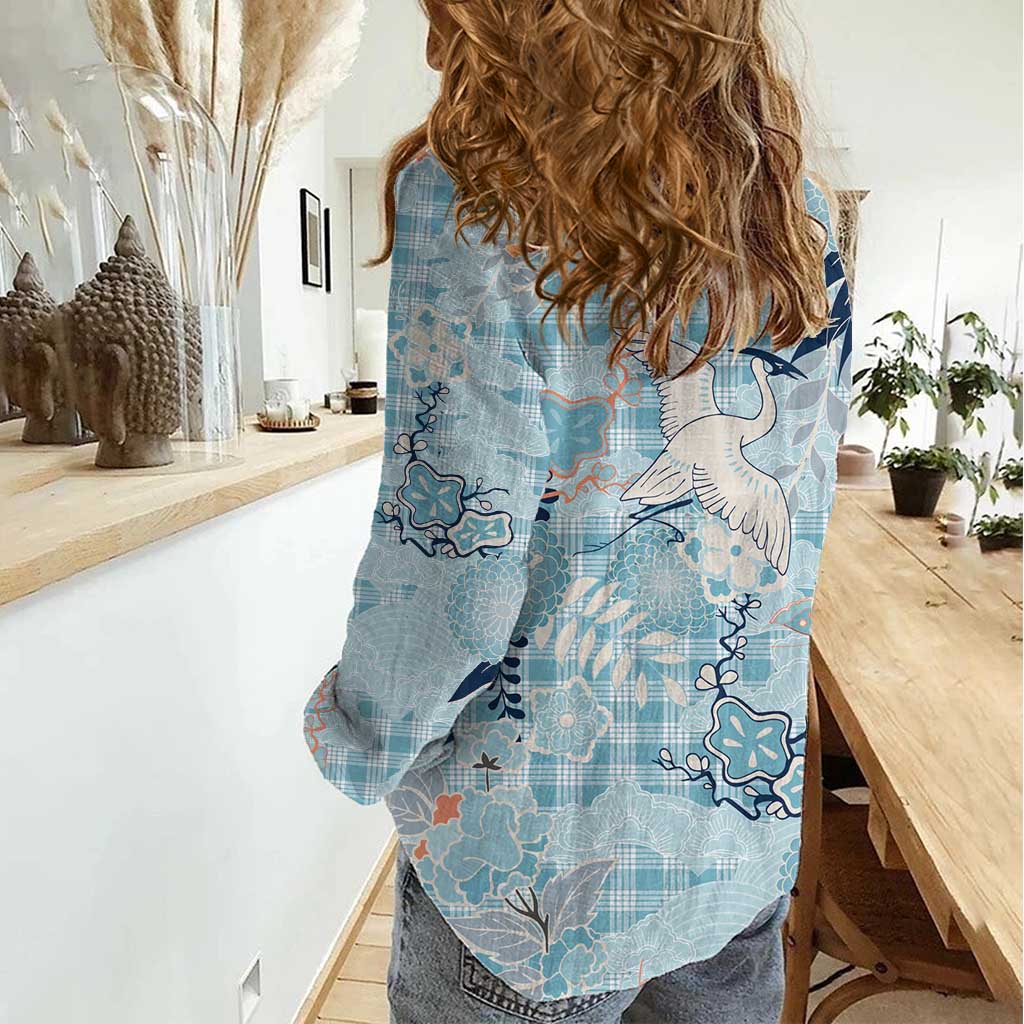 Blue Palaka Crane and Flowers Women Casual Shirt Japan Heritage Spirit - Polynesian Pride