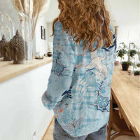 Blue Palaka Crane and Flowers Women Casual Shirt Japan Heritage Spirit - Polynesian Pride