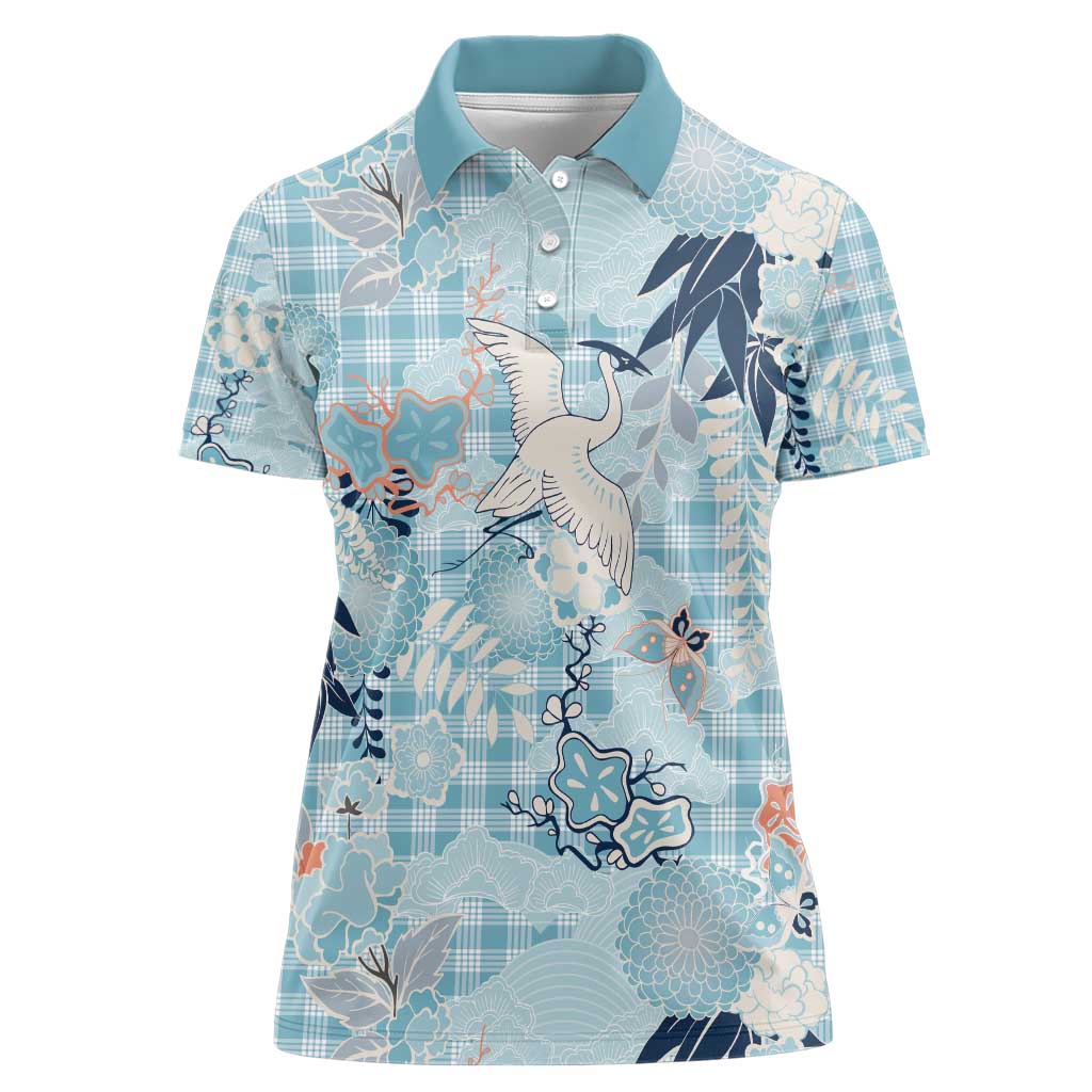 Blue Palaka Crane and Flowers Women Polo Shirt Japan Heritage Spirit - Polynesian Pride