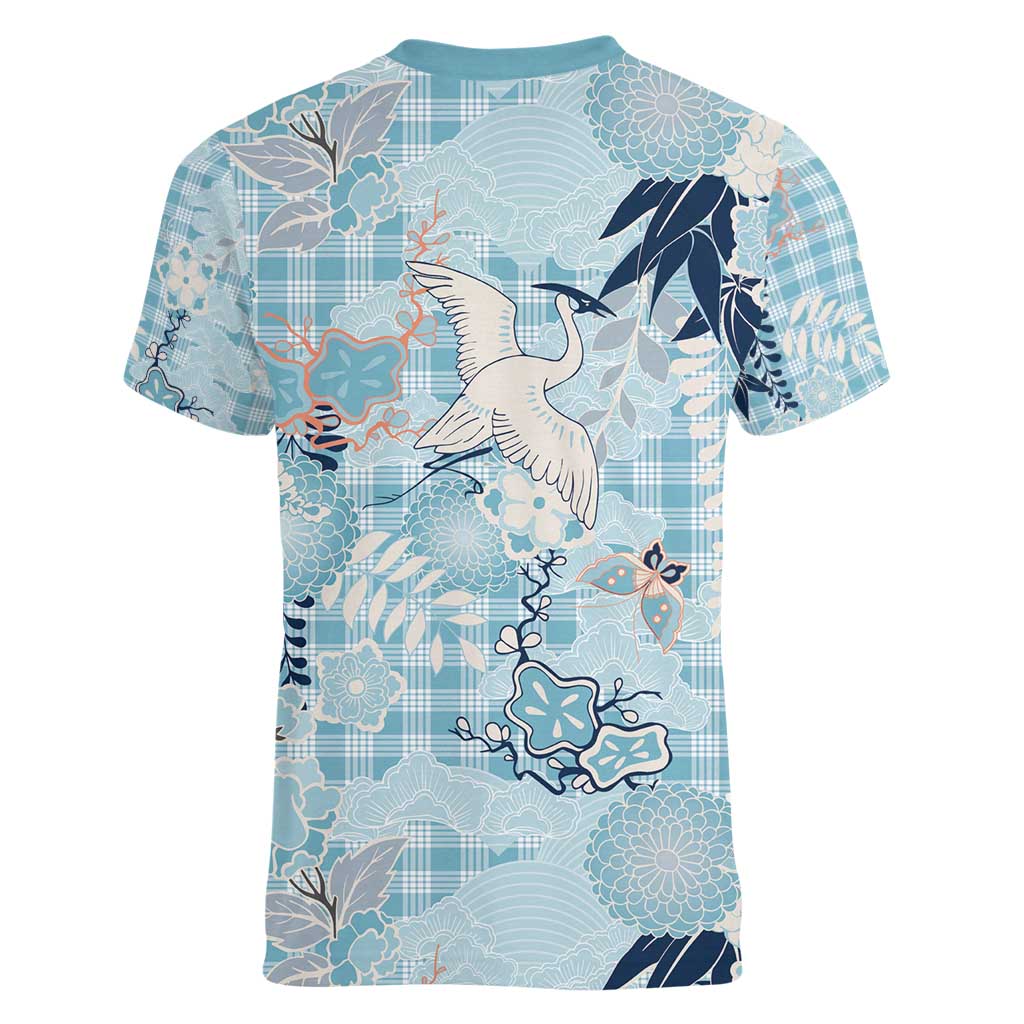 Blue Palaka Crane and Flowers Women V-Neck T-Shirt Japan Heritage Spirit - Polynesian Pride